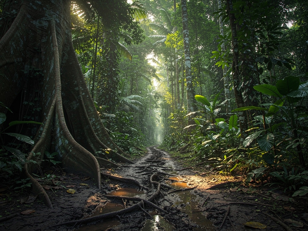 Jalur trekking melewati hutan lebat tanpa sinyal