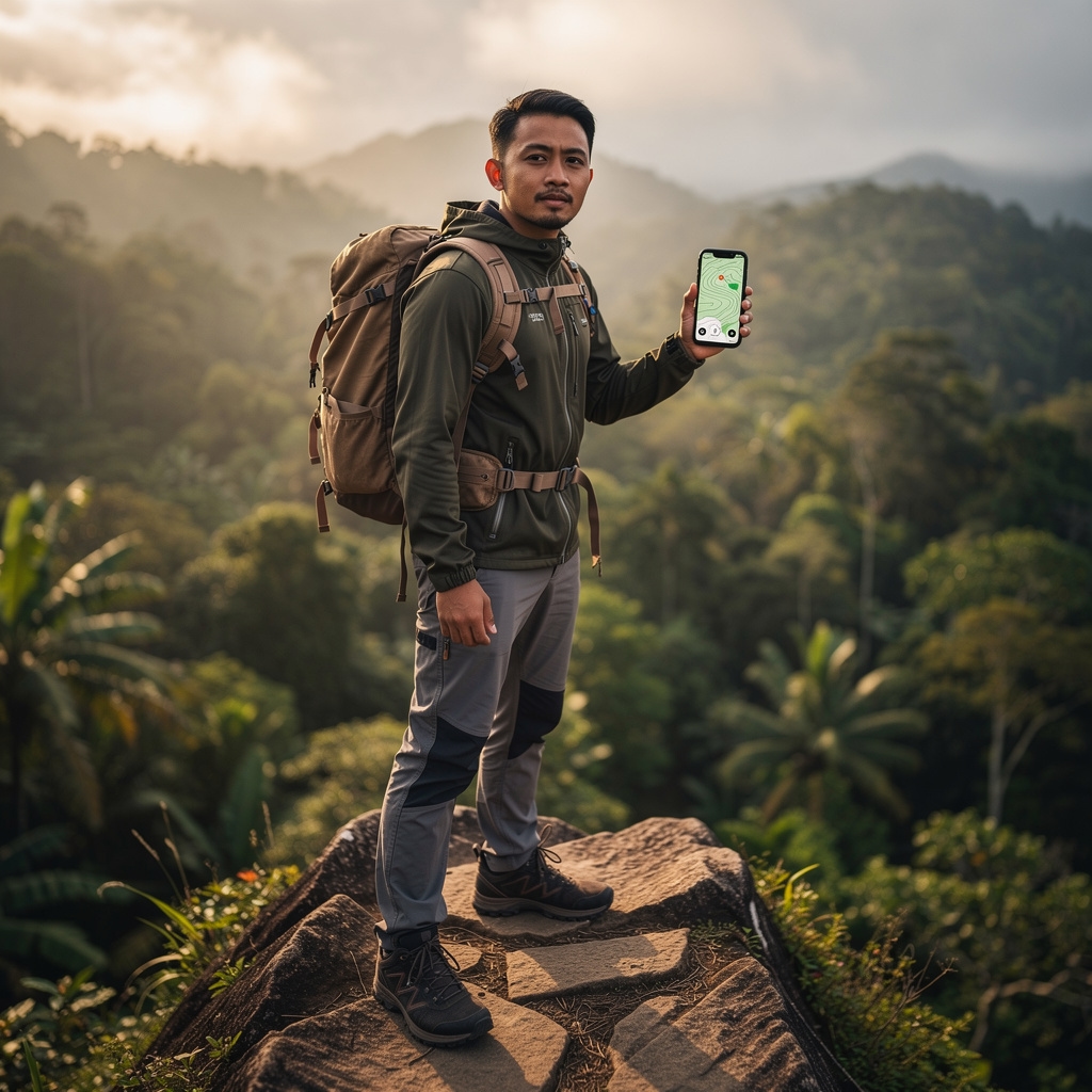 Pendaki melihat peta digital jalur trekking di perangkat genggam